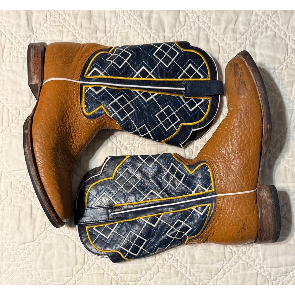 Alfa Western Boots Men 9.5 Wide 2EE Brown Navy Blue Square Toe Cowboy Leather - Picture 2 of 8